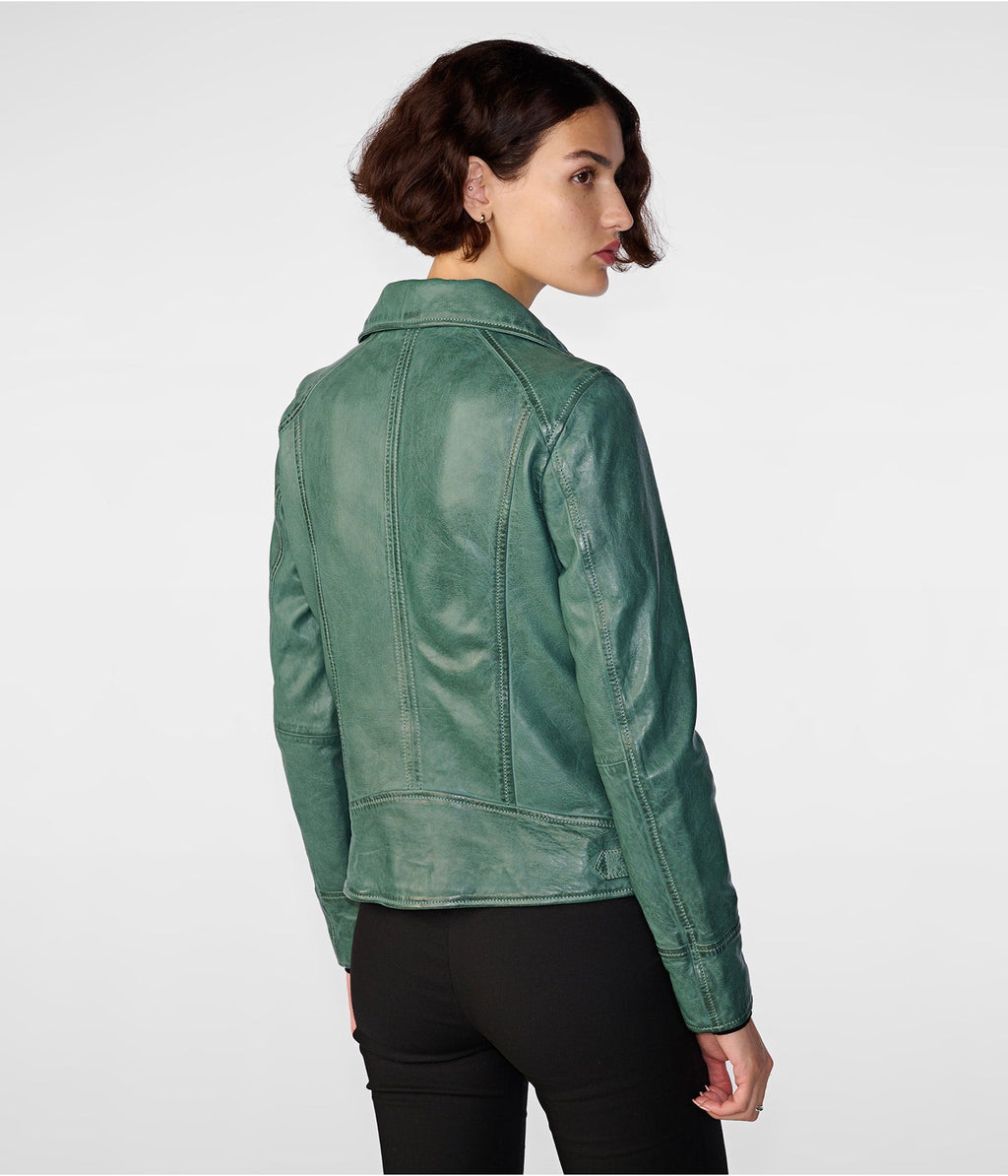 Women’s Distressed Leather Biker Jacket in Sea Green