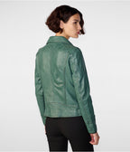 Women’s Distressed Leather Biker Jacket in Sea Green