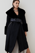 Women's Black Suede Leather Shearling Coat with Fur Collar