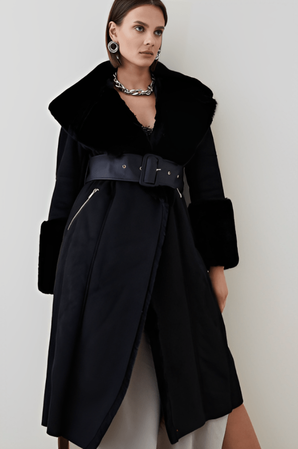 Women's Black Suede Leather Shearling Coat with Fur Collar