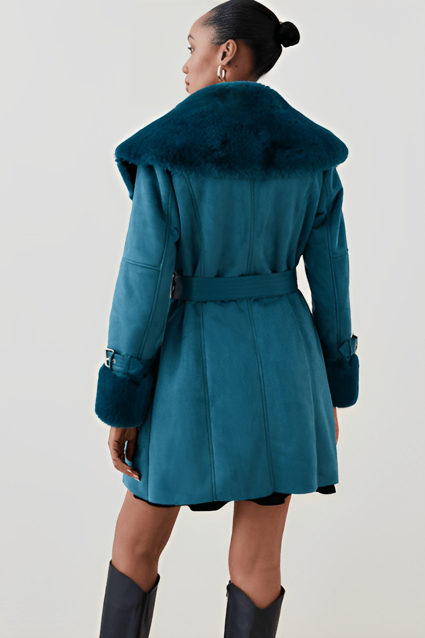 Women's Royal Blue Suede Leather Shearling Coat with Elegant Design