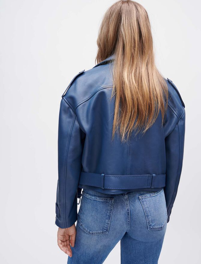 Women's Wine Blue Biker Leather Jacket With Belt