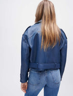 Women's Wine Blue Biker Leather Jacket With Belt
