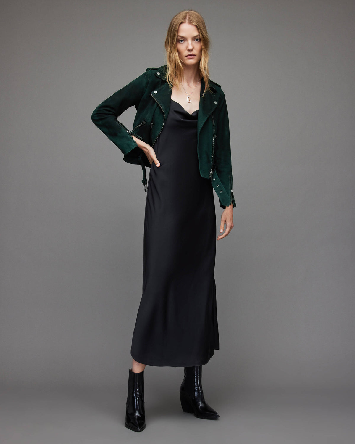 Women's Royal Green Suede Biker Leather Jacket With Belt