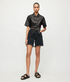 Women's Black Cropped Leather Shirt with Modern Fit