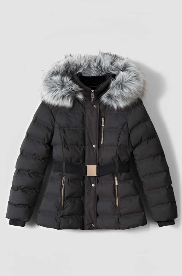 Women's Black Puffer Jacket with Fur Hood - Sleek and Cozy