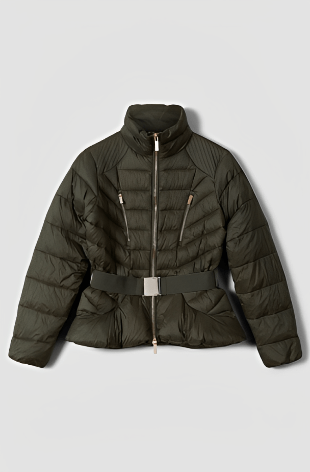Women's Khaki Green Puffer Jacket with Belt - Stylish and Warm