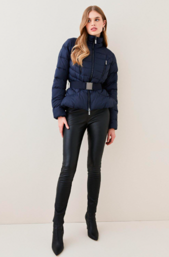 Women's Navy Blue Puffer Jacket with Belt - Chic and Cozy