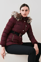 Women's Ox Red Puffer Jacket with Fur Collar - Bold and Cozy