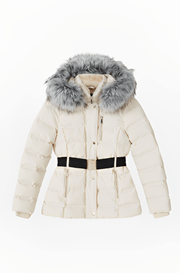 Women's Beige Puffer Jacket with Fur Hood - Chic and Cozy