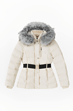 Women's Beige Puffer Jacket with Fur Hood - Chic and Cozy