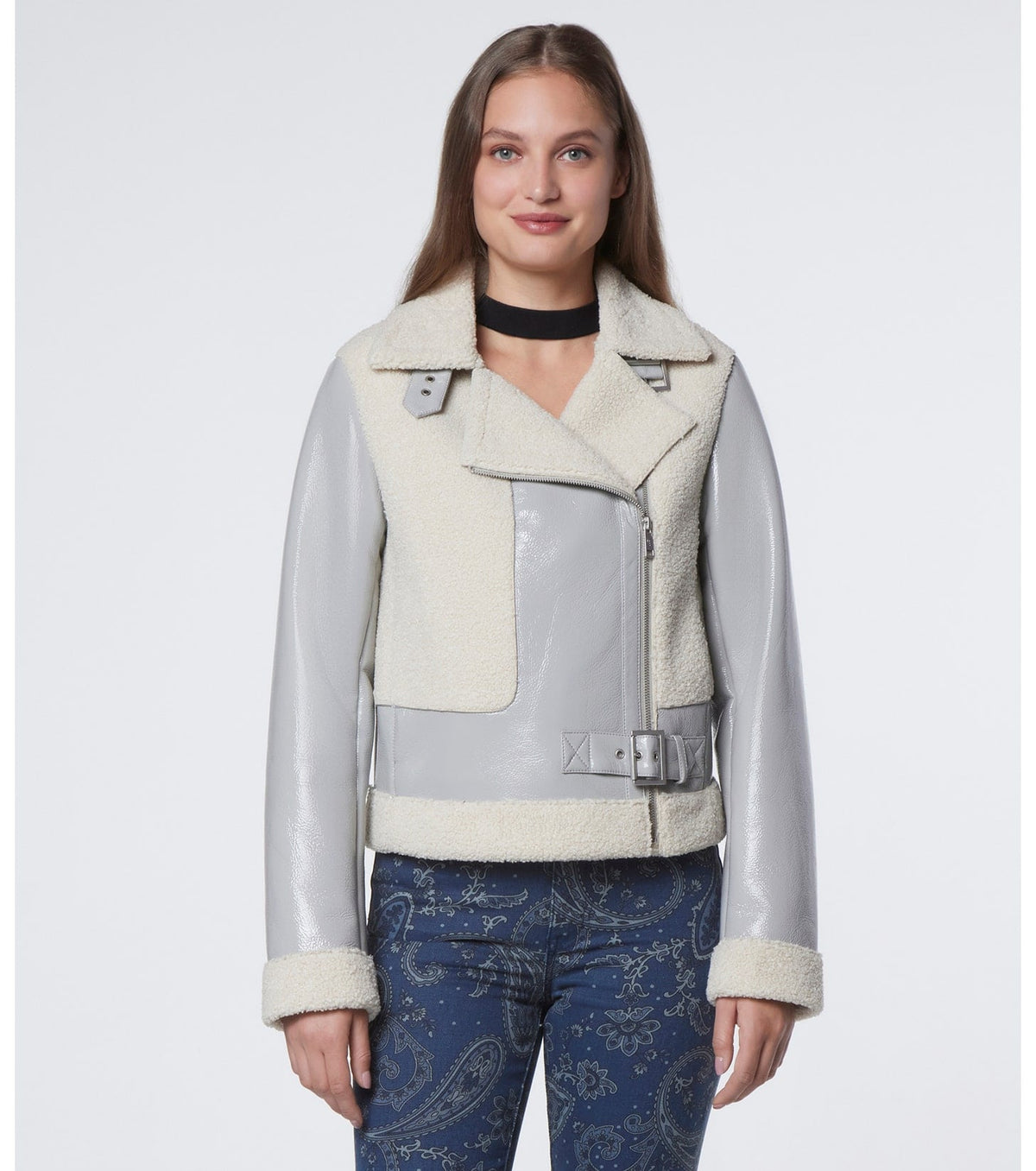 Women's Pearl Blue Shearling Leather Biker Jacket