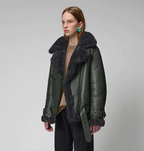 Women's Khaki Sheepskin Bomber Biker Leather Jacket