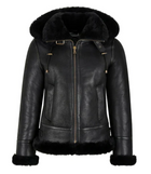 Women's Black Sheepskin Bomber Leather Jacket with Hood