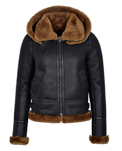 Women's Black Sheepskin Leather Jacket with Hood - Stylish and Warm