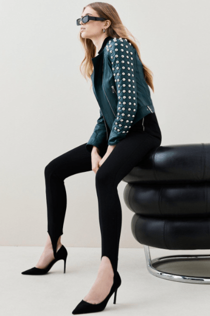 Women’s Quilted Studded Leather Jacket in Jade Green