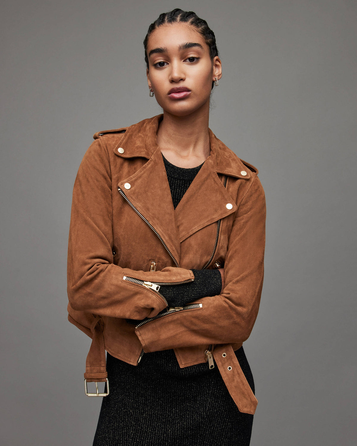 Women's Tan Brown Suede Leather Biker Jacket with Belt – Chic & Versatile