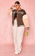 Women's Brown Varsity Bomber Leather Jacket with Pink Sleeves - Stylish and Unique