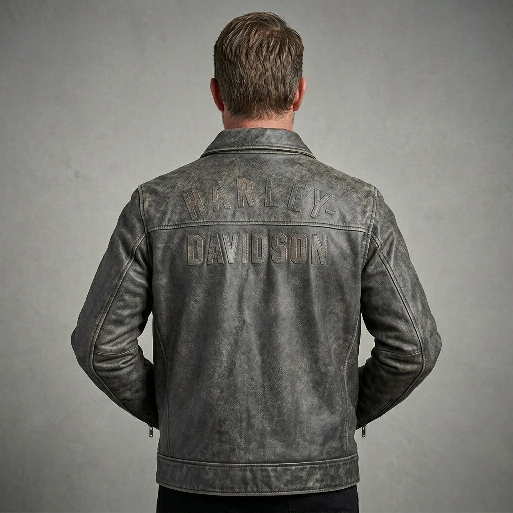 Men’s Harley-Style Black Leather Moto Jacket – Orange & White Racing Stripe Edition