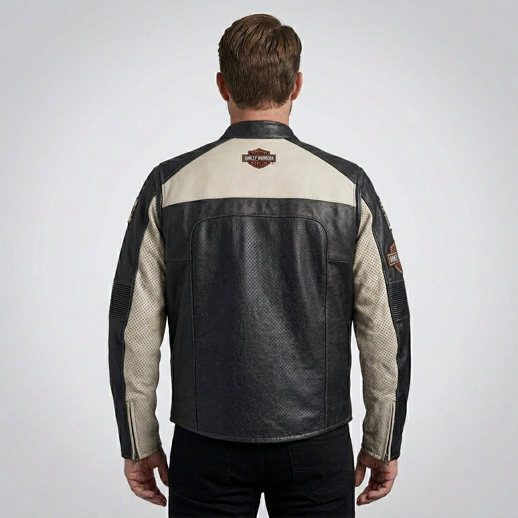 Men’s Harley-Style Genuine Leather Jacket – Star Embroidered Shoulder Moto