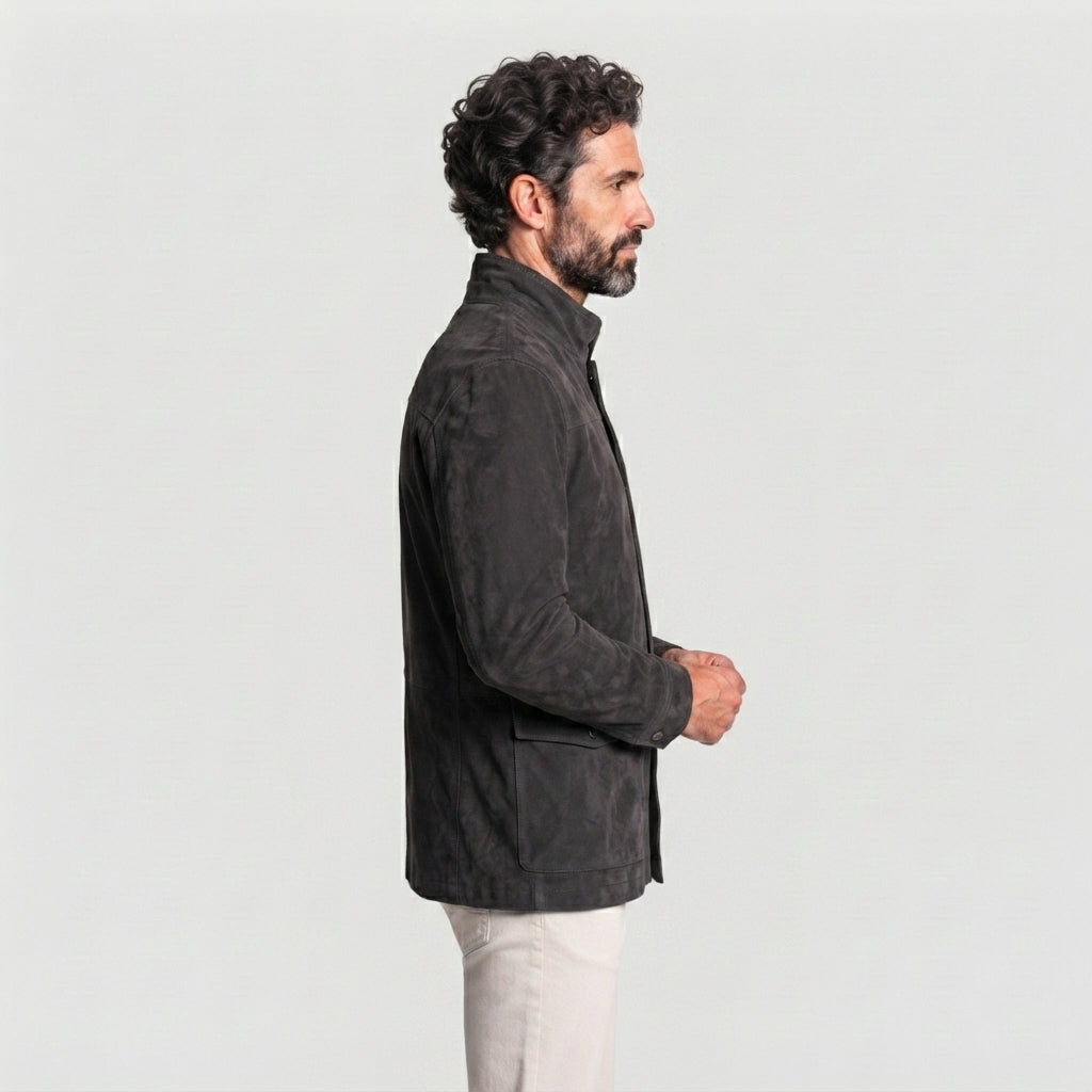 Men's Grey Suede Field Jacket - Leather Outlet