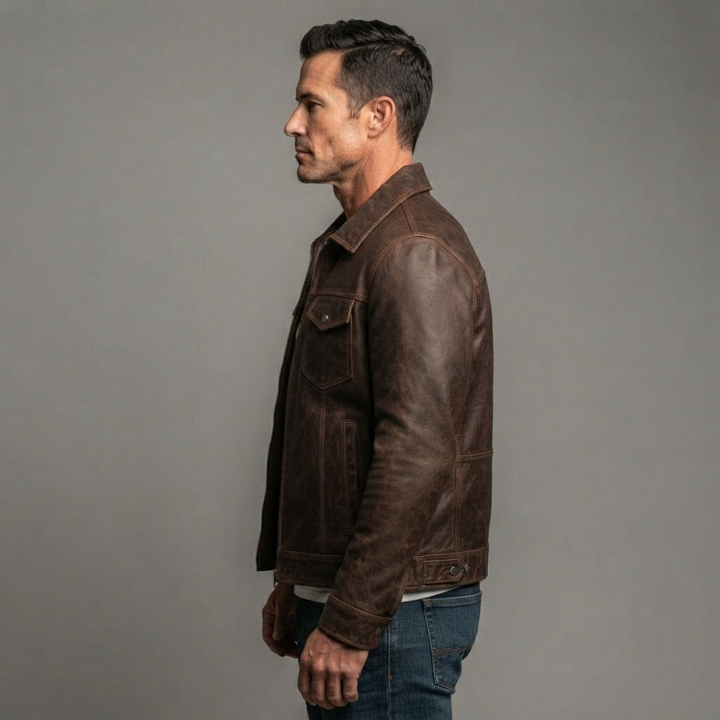 Men's Brown Washed Trucker Leather Jacket - Leather Outlet