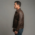 Men's Brown Washed Trucker Leather Jacket - Leather Outlet