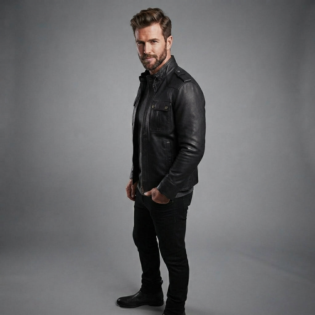 Men's Cafe Racer Leather Jacket - Leather Outlet