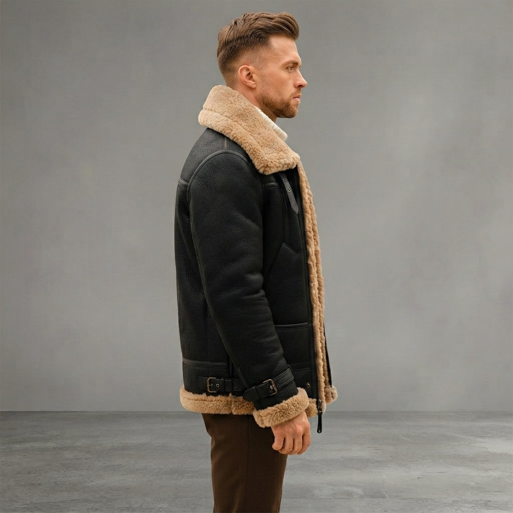 Men's Shearling Fur Leather Jacket - Leather Outlet