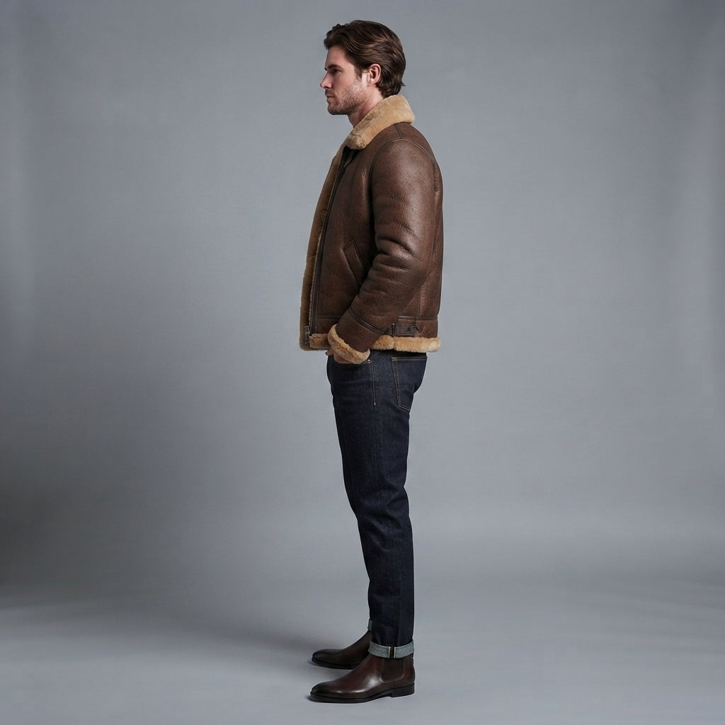 Men's B3 Brown Shearling Leather Jacket - Leather Outlet