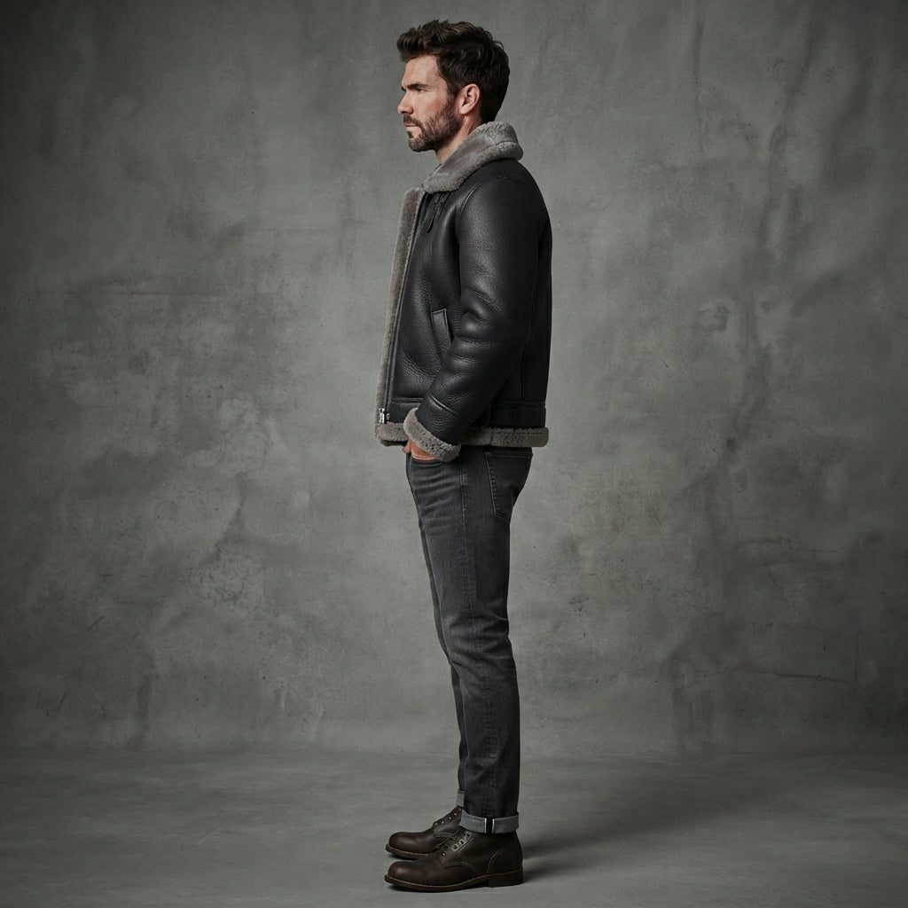 Men's Black Shearling Leather Jacket - Leather Outlet