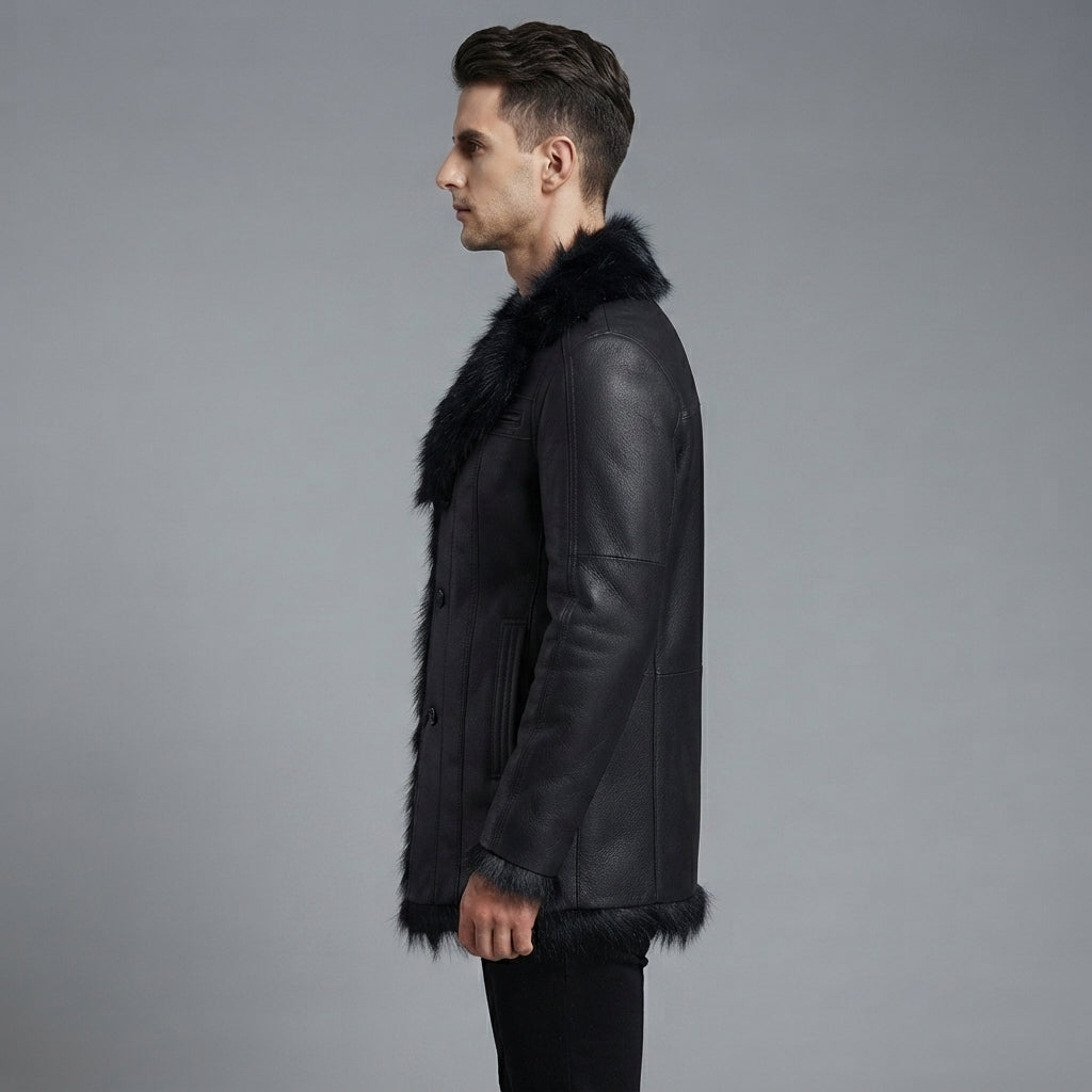 Men's Black Fur Cliff Leather Jacket - Leather Outlet
