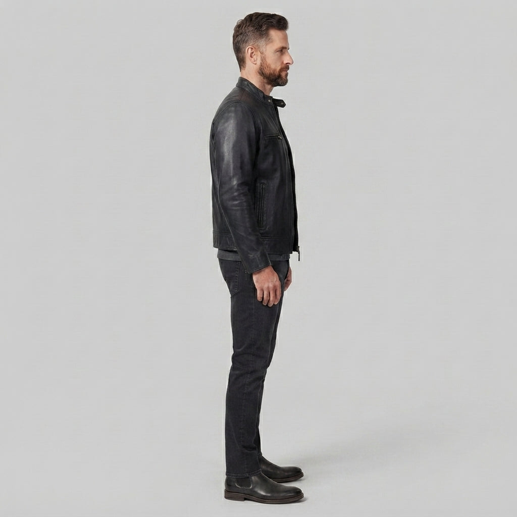 Men's Vintage Black Cafe Racer Leather Jacket - Leather Outlet