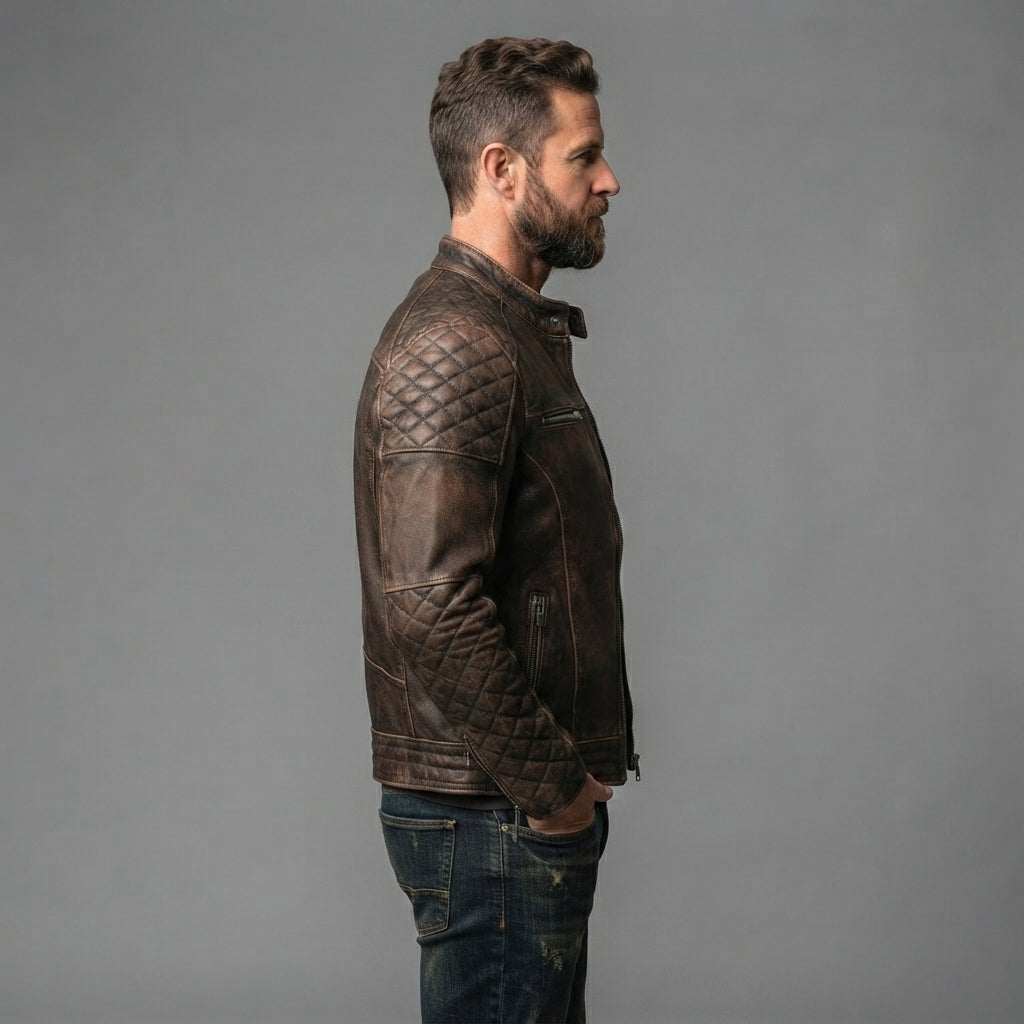 Men's Dark Brown Cafe Racer Leather Jacket - Leather Outlet