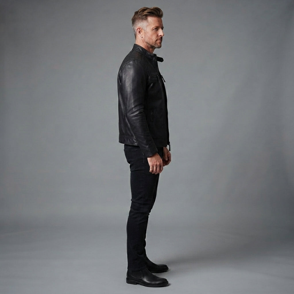 Men's Black Cafe Racer Leather Jacket - Leather Outlet