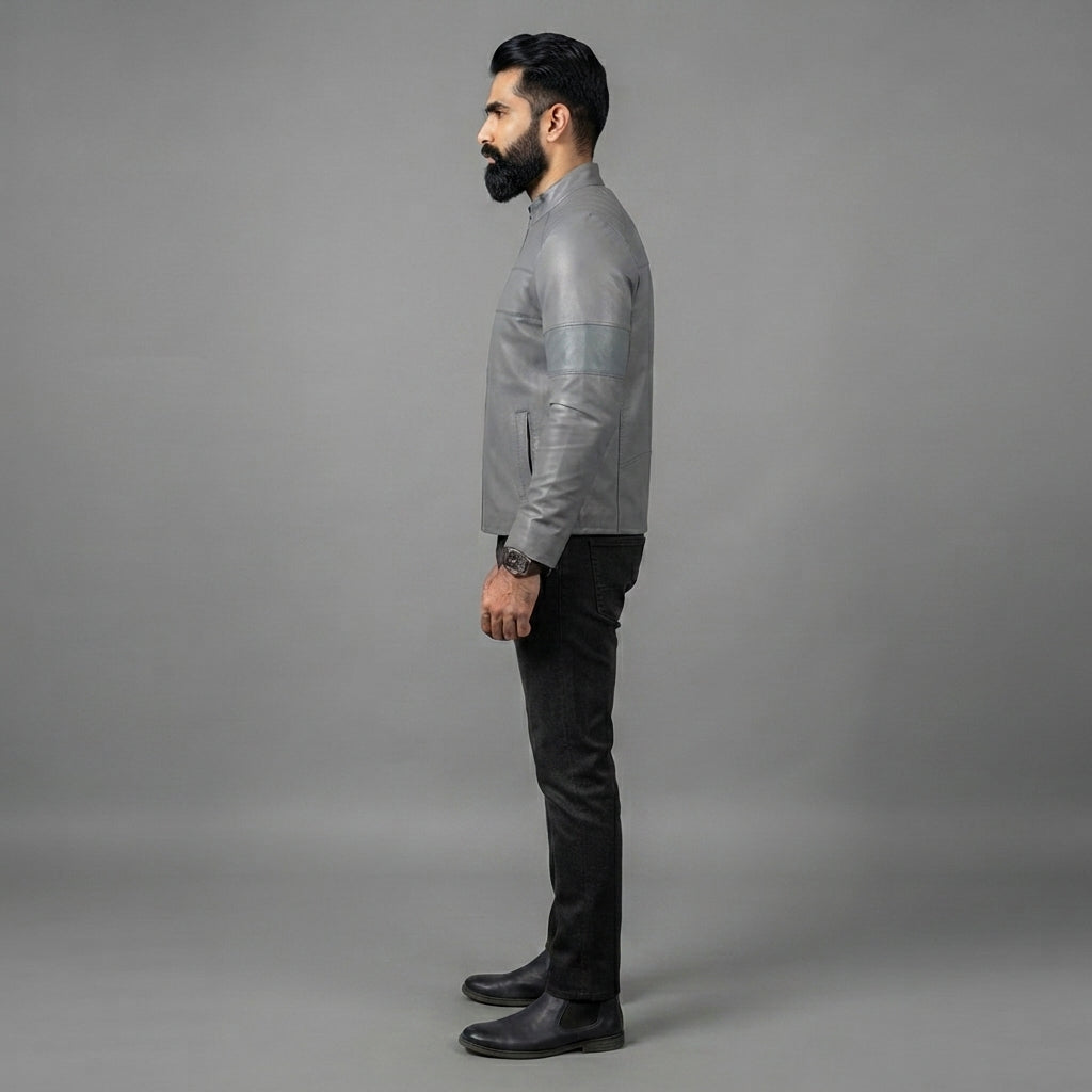 Men's Grey Leather Biker Jacket - Leather Outlet