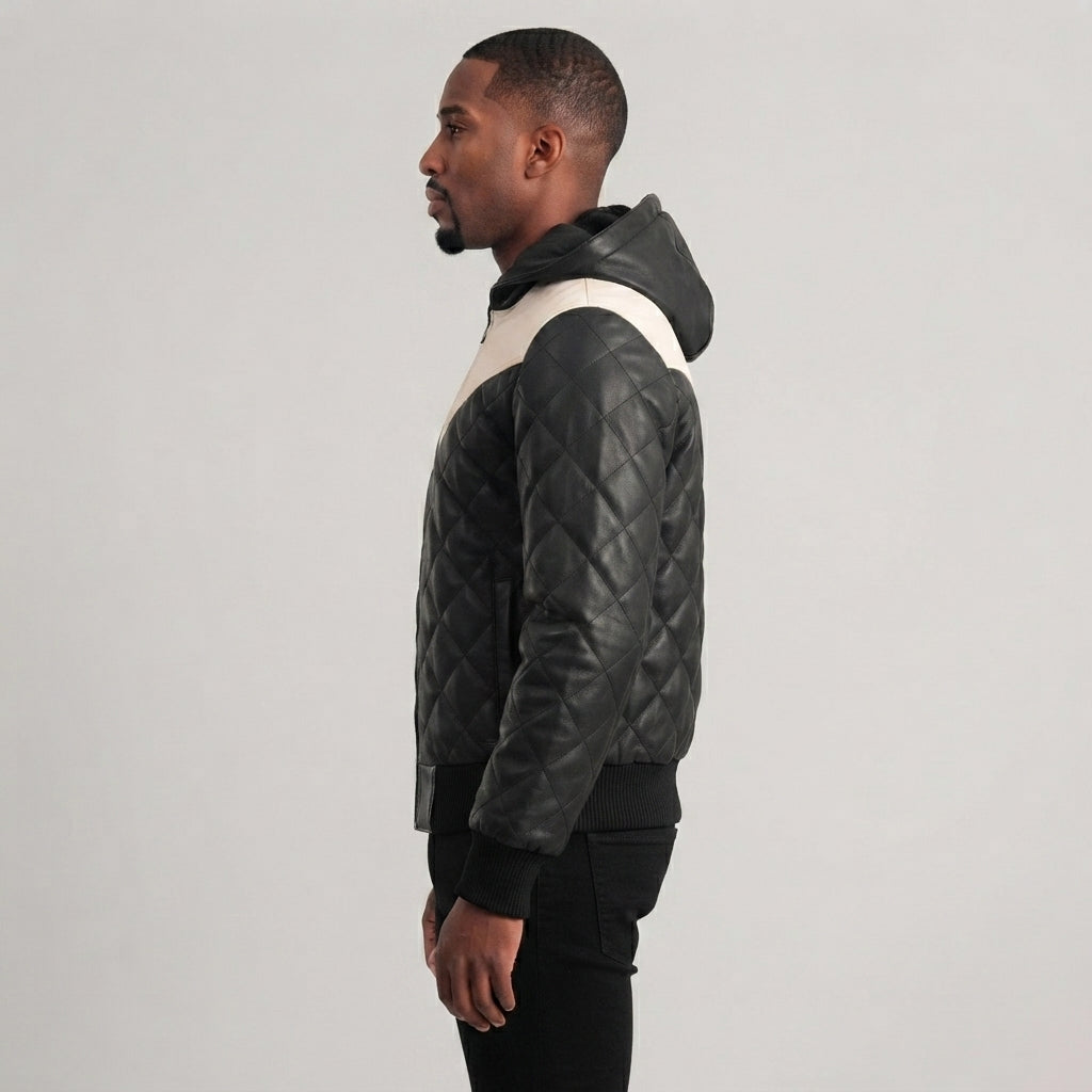 Men's Black White Hooded Leather Puffer Jacket - Leather Outlet