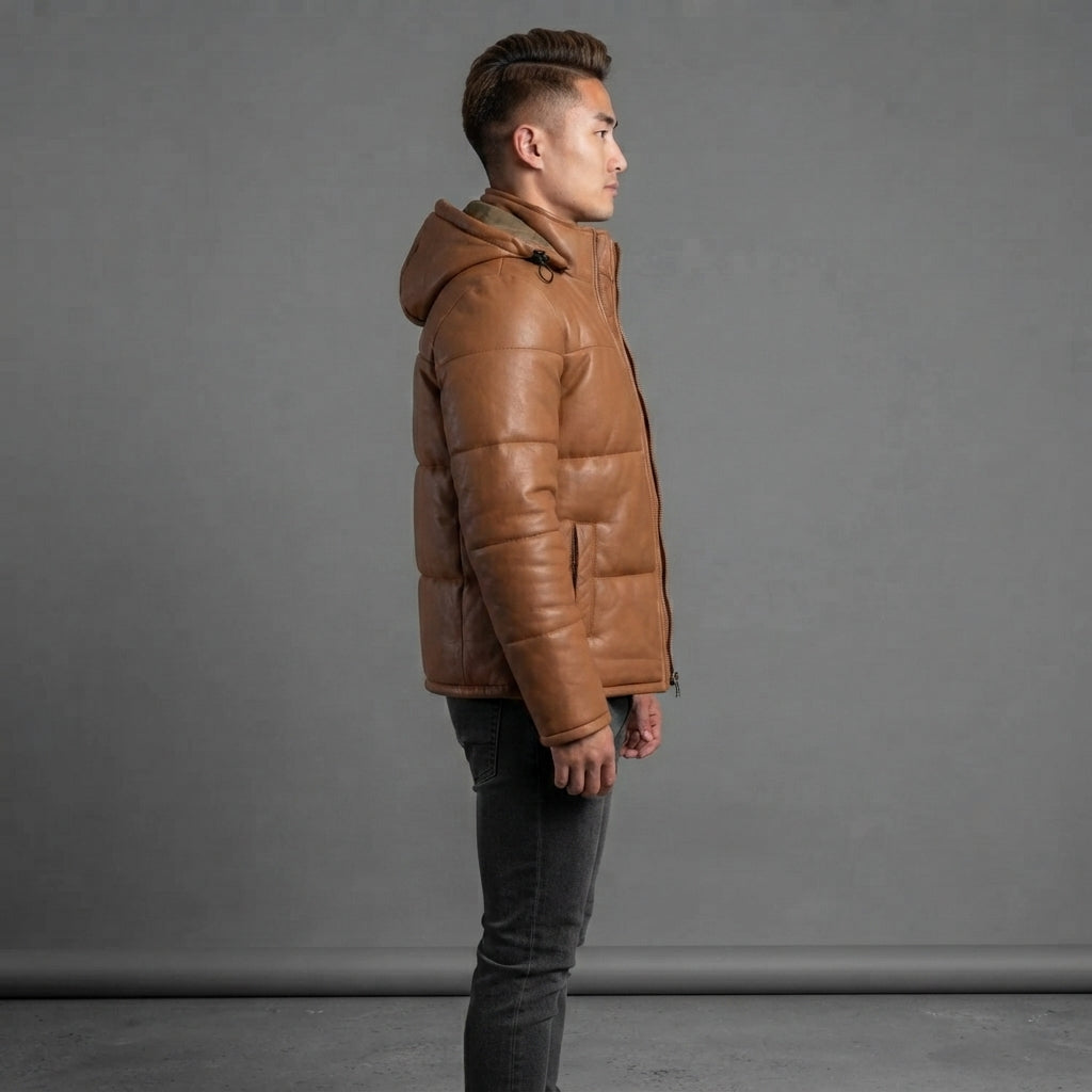 Men's Waxed Brown Hooded Leather Puffer Jacket - Leather Outlet