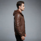 Men's Brown Hooded Leather Jacket - Leather Outlet