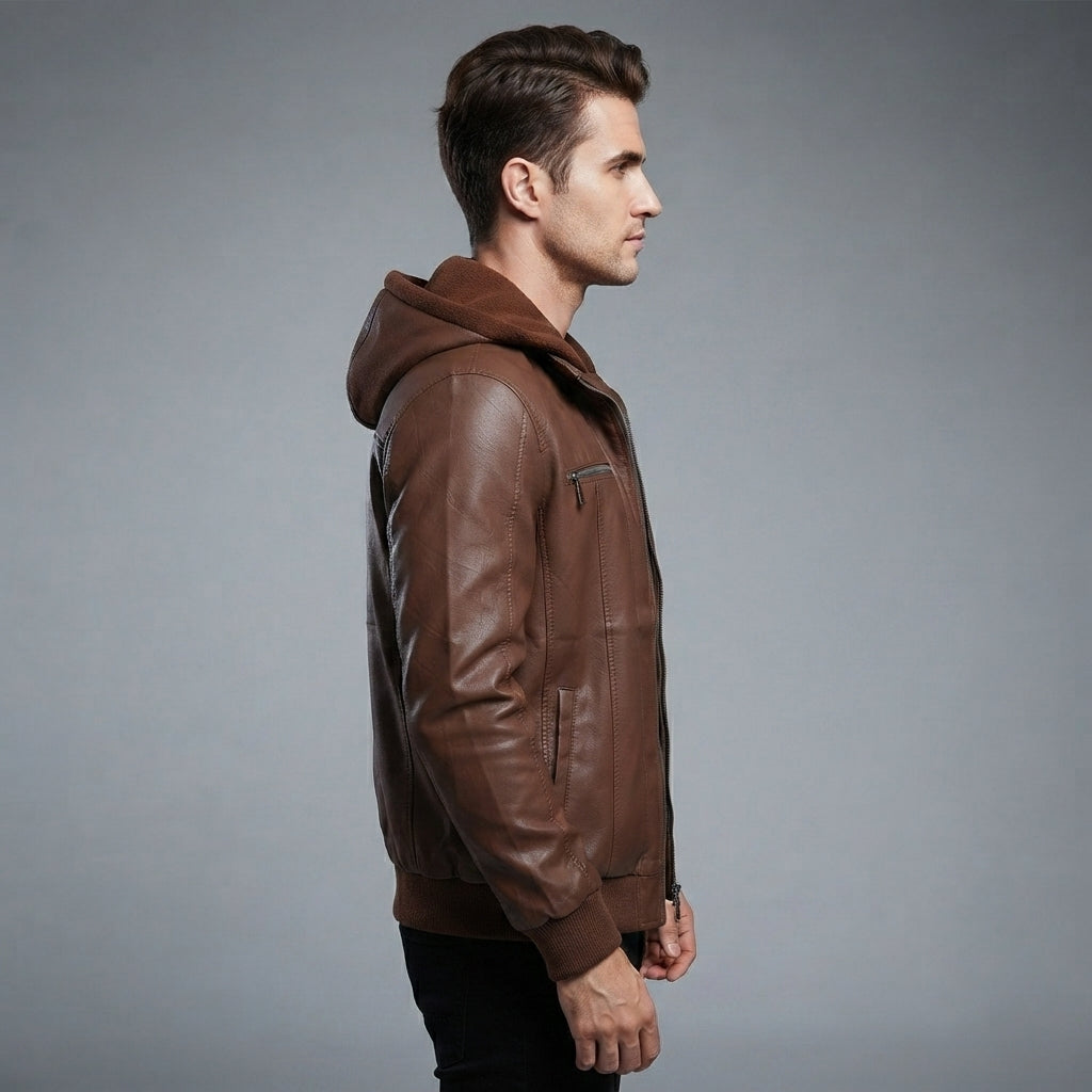 Men's Caramel Brown Leather Hooded Jacket - Leather Outlet