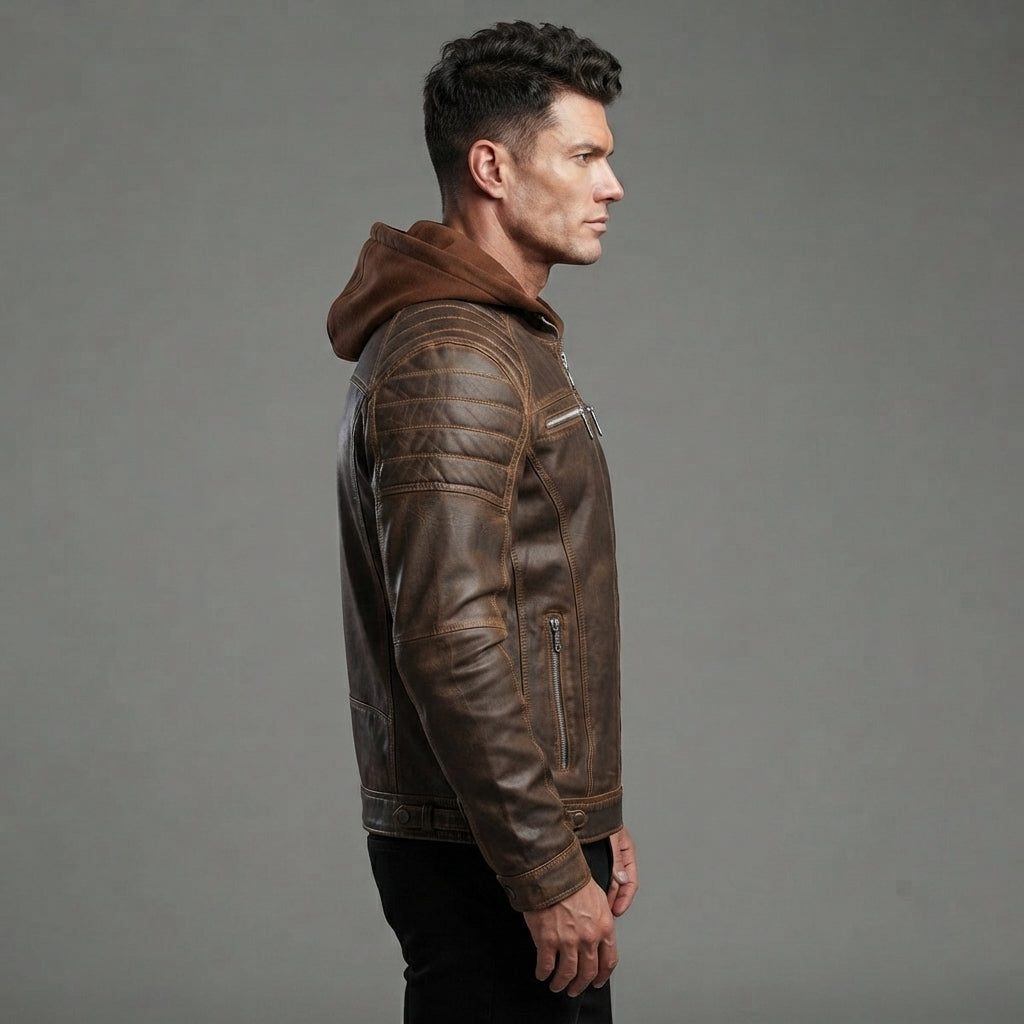 Men's Brown Detachable Hood Leather Jacket - Leather Outlet