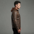 Men's Medium Brown Leather Hooded Jacket - Leather Outlet