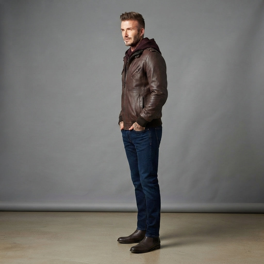 Men's Rustic Brown Leather Hooded Jacket - Leather Outlet