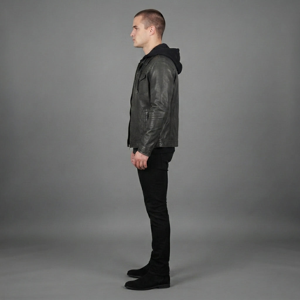 Men's Black Leather Hooded Jacket - Leather Outlet
