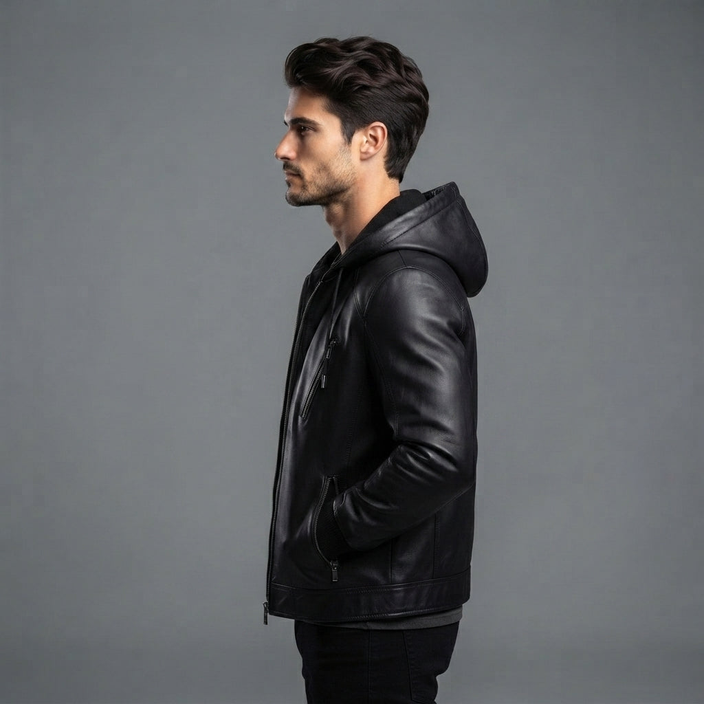Men's Hooded Black Leather Jacket - Leather Outlet