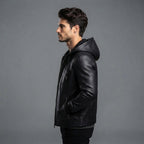 Men's Hooded Black Leather Jacket - Leather Outlet