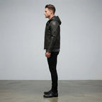 Men's Black Leather Jacket with Hood - Leather Outlet
