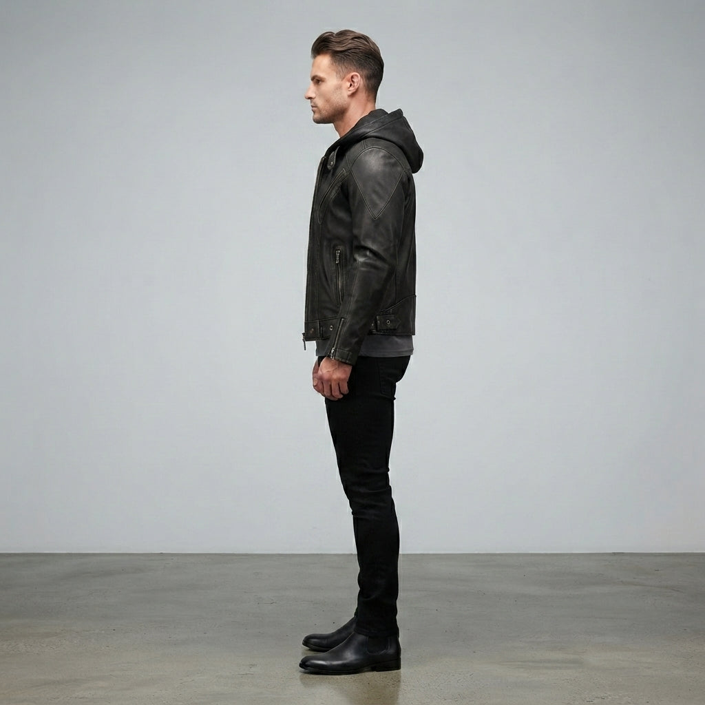 Men's Black Leather Jacket with Hood - Leather Outlet