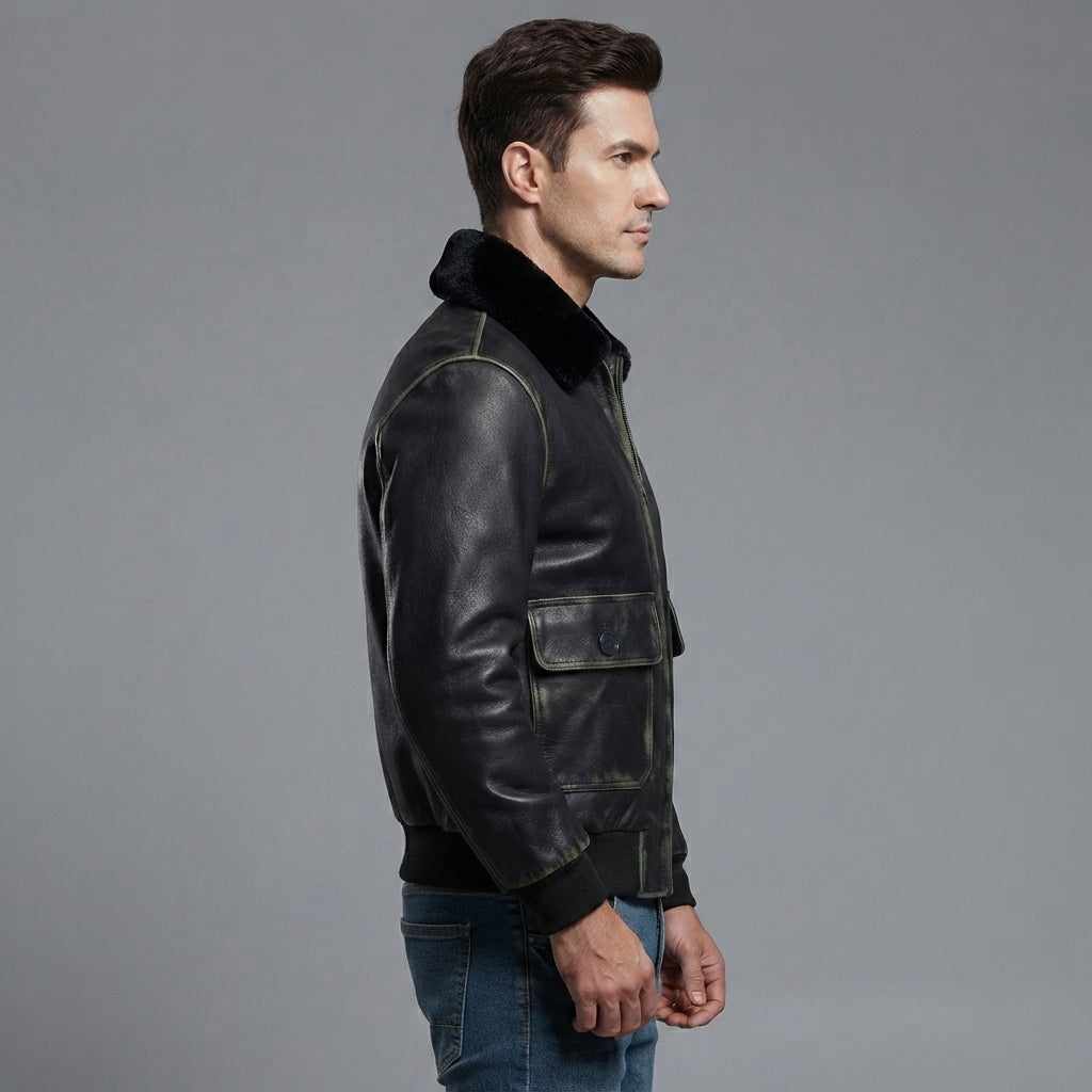 Men's Black Leather Military Jacket - Leather Outlet