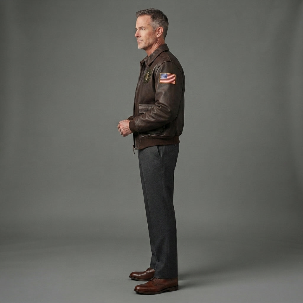 Men's Chocolate Brown Leather Military Jacket - Leather Outlet